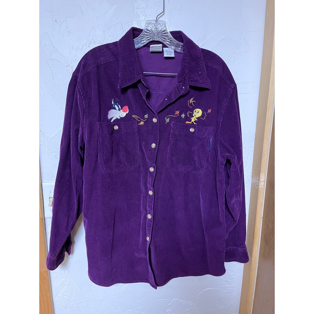 Looney Tunes Tweety Bird Corduroy Button‎ Up Shirt Women's L Purple Embroidered